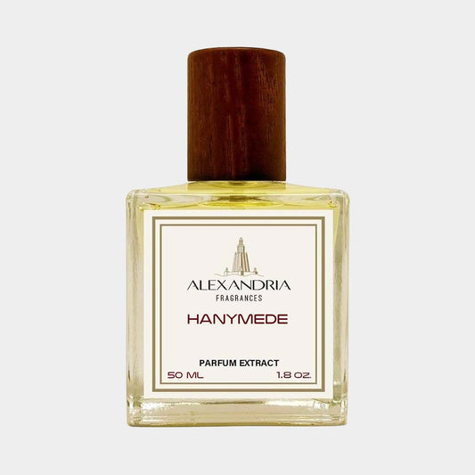 Sampleflesje van Alexandria Fragrances Hanymede, een parfumextract van 50 ml met een elegante houten dop.