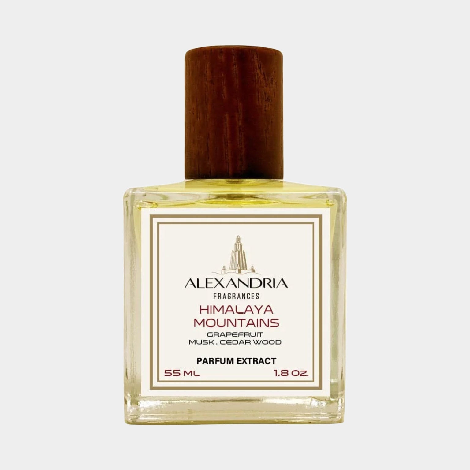 Alexandria Fragrances Himalaya Mountains sample is a 55 ml parfum extract featuring fresh notes of grapefruit, musk, and cedar wood, elegantly packaged in a glass bottle with a wooden cap.