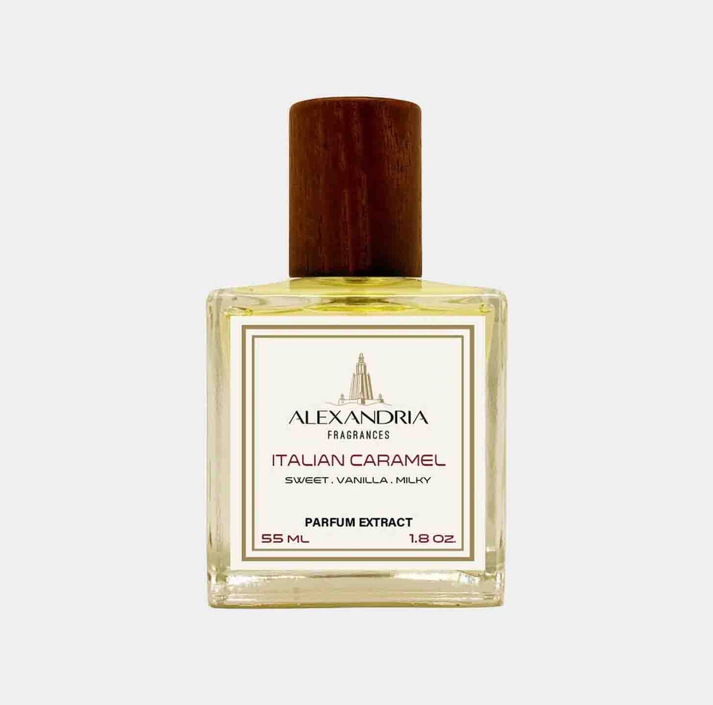 Alexandria Fragrances Italian Caramel Sample, een geur met zoete, vanilleachtige en romige tonen, verpakt in een elegante fles van 55 ml.