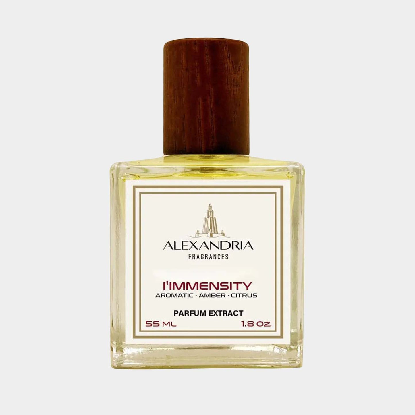 Kleine fles Alexandria Fragrances LImmensity Sample, een parfumextract van 55 ml met een aromatische amber-citrus geur.