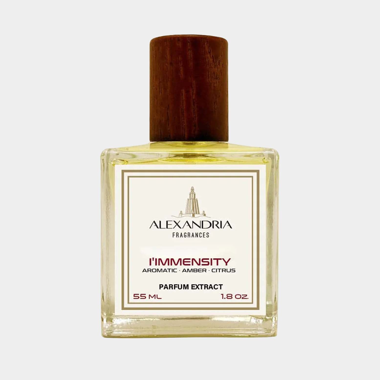 Kleine fles Alexandria Fragrances LImmensity Sample, een parfumextract van 55 ml met een aromatische amber-citrus geur.