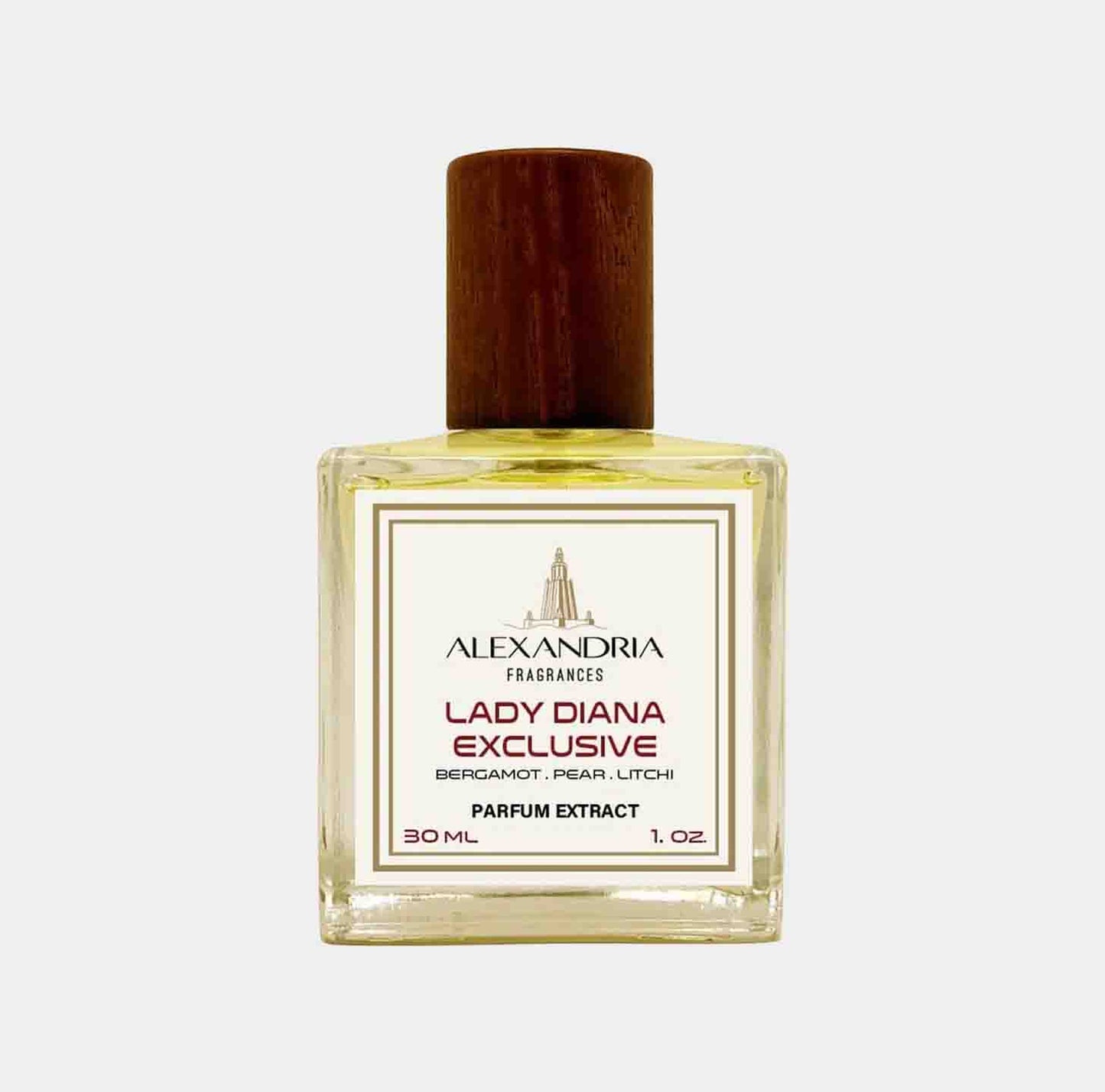 Miniatuurflesje van Alexandria Fragrances Lady Diana Exclusive Sample, een parfumextract van 30 ml met geuren van bergamot, peer en litchi.