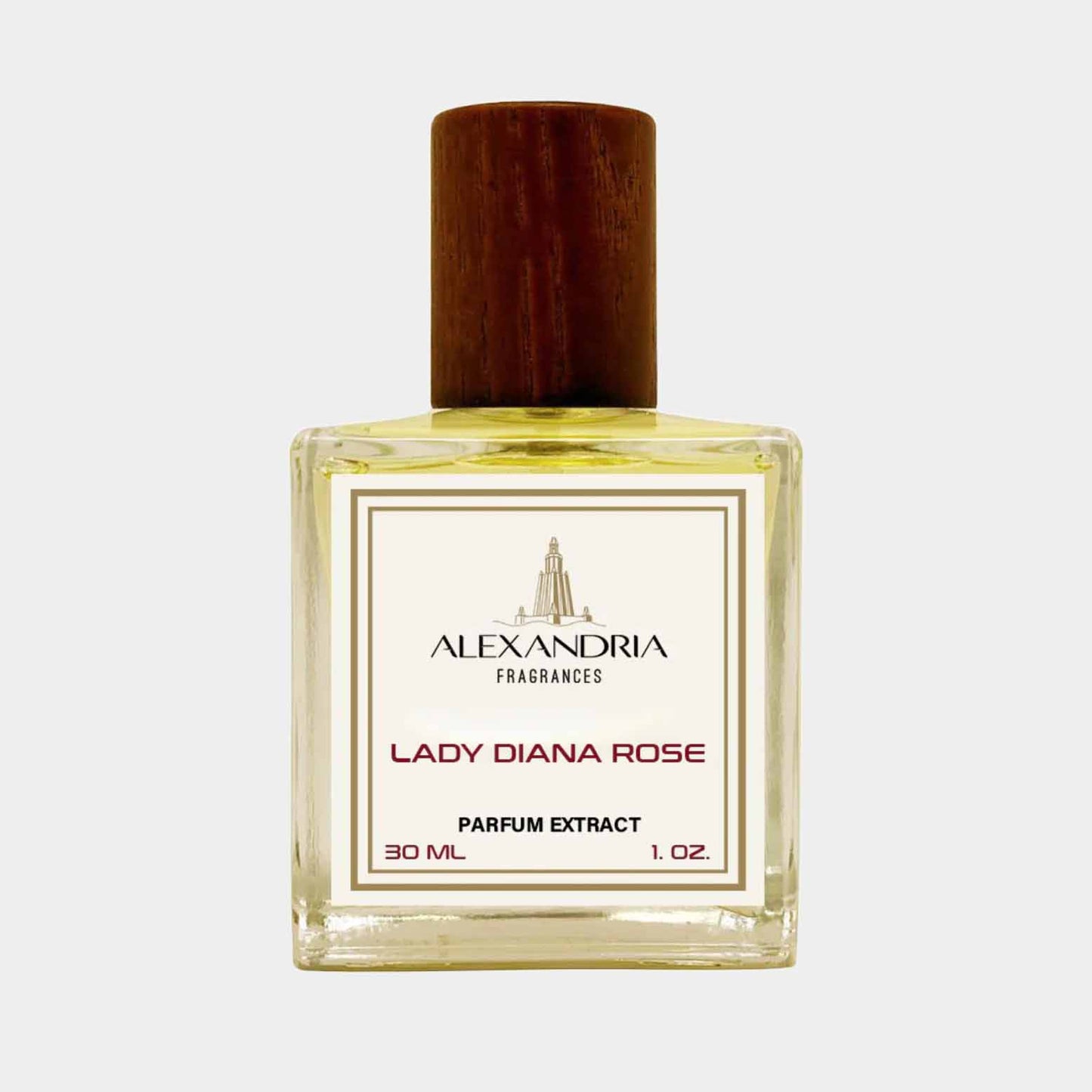 Flesje van Alexandria Fragrances Lady Diana Rose Sample, een parfumextract van 30 ml met een houten dop.
