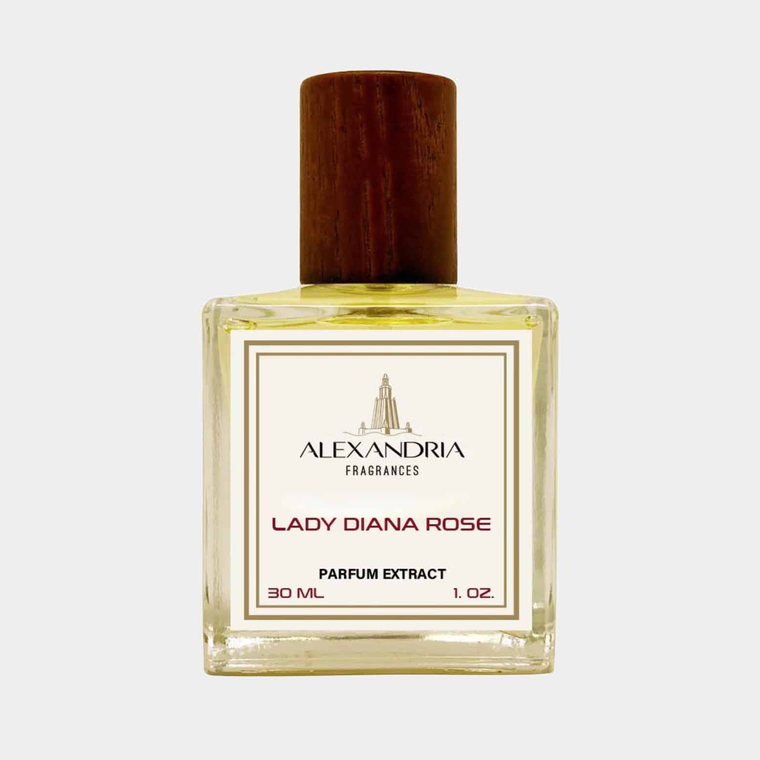 Flesje van Alexandria Fragrances Lady Diana Rose Sample, een parfumextract van 30 ml met een houten dop.