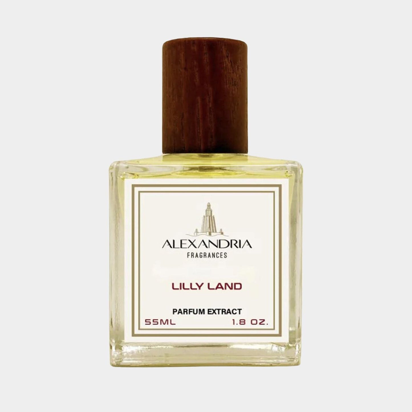 Een flesje Alexandria Fragrances Lilly Land Sample met een inhoud van 55 ml parfumextract. De fles heeft een elegante uitstraling met een houten dop en een frisse, bloemige geur.