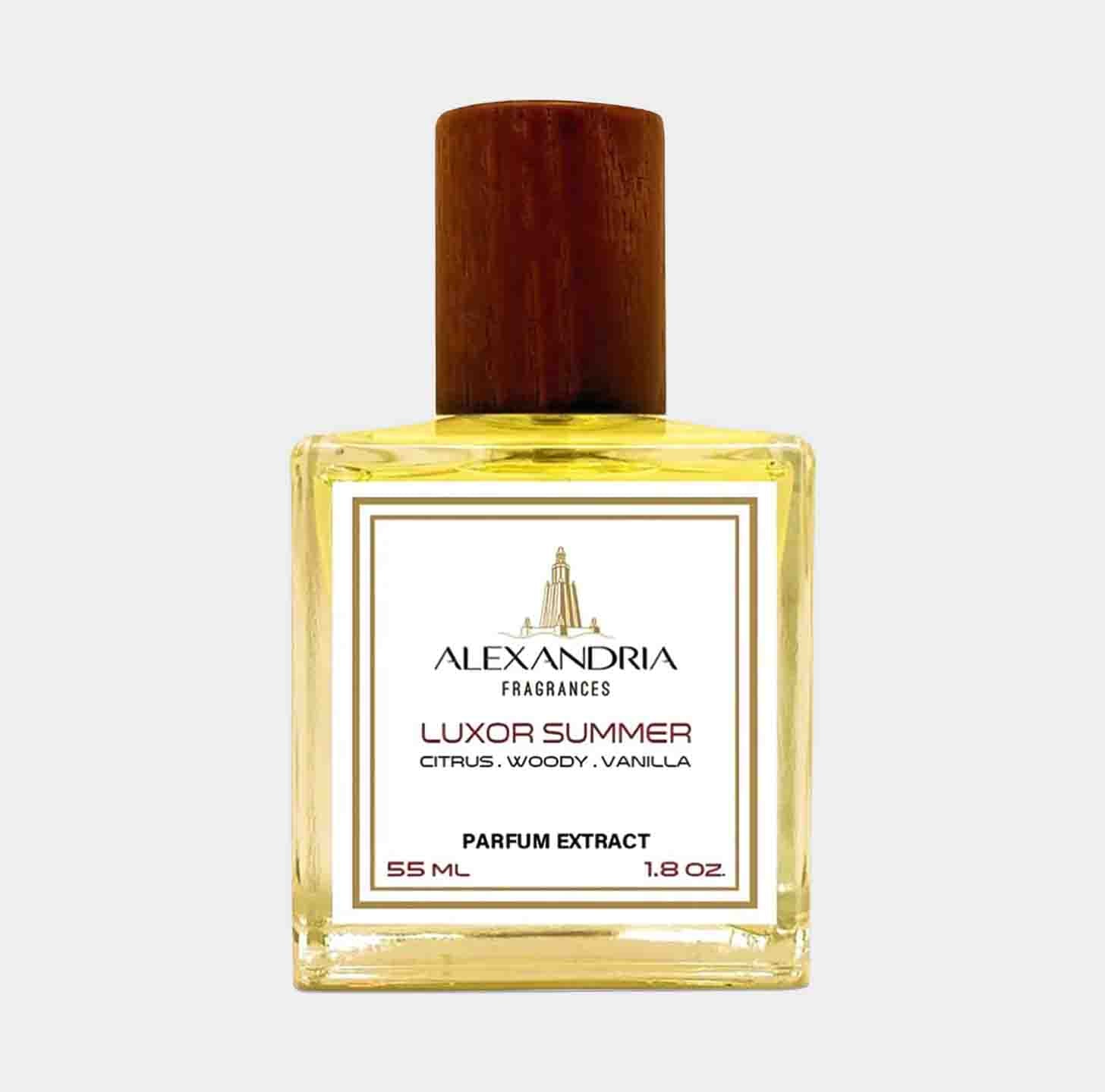 Sampleflesje van Alexandria Fragrances Luxor Summer, een parfumextract van 55 ml met citrus-, houtachtige en vanillegeuren.
