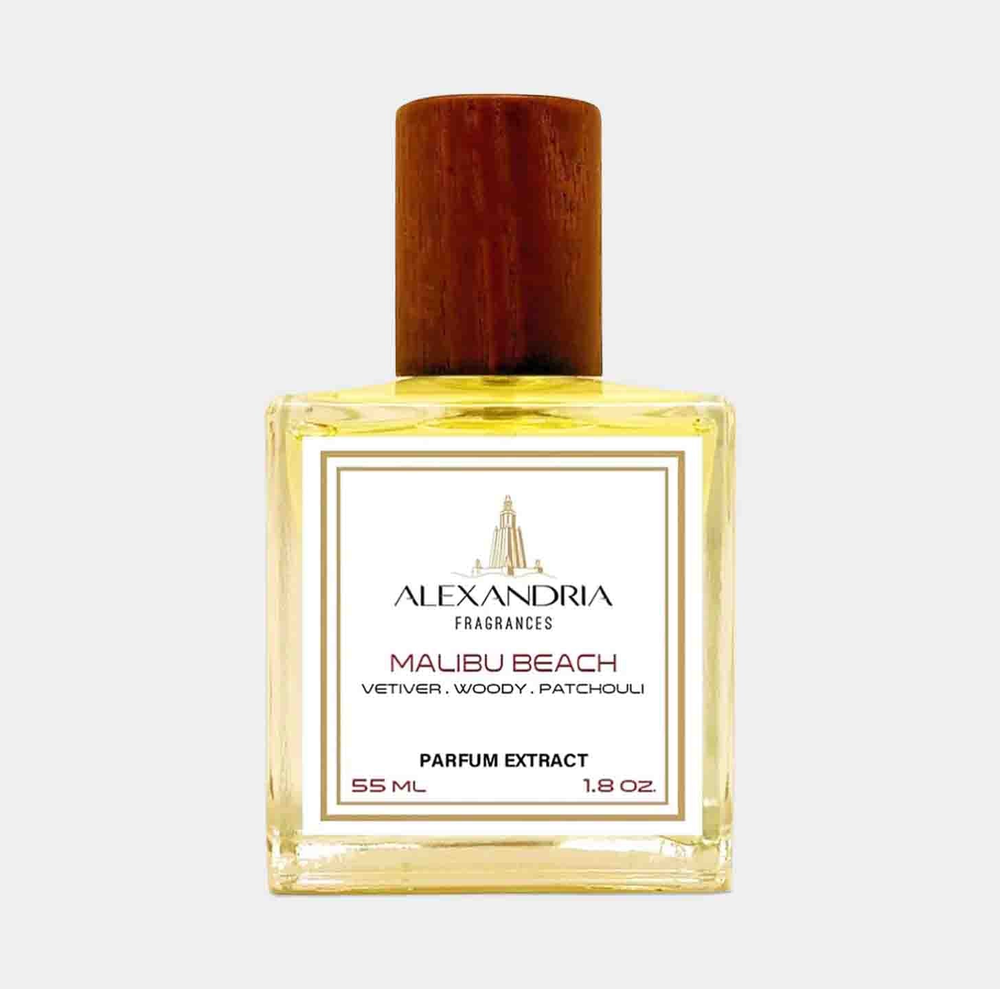 Sample van Alexandria Fragrances Malibu Beach, een parfumextract van 55 ml met een verfrissende geurcombinatie van vetiver, houtachtige tonen en patchouli.