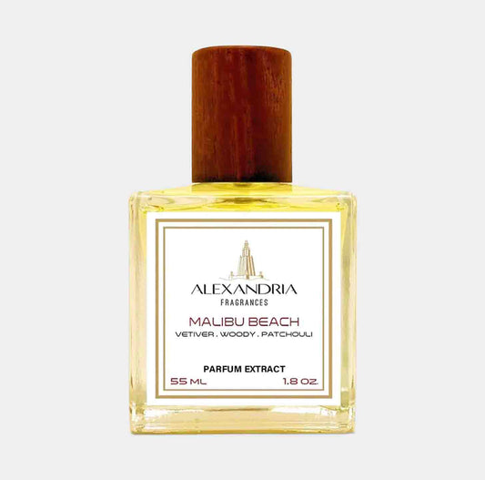 Sample van Alexandria Fragrances Malibu Beach, een parfumextract van 55 ml met een verfrissende geurcombinatie van vetiver, houtachtige tonen en patchouli.