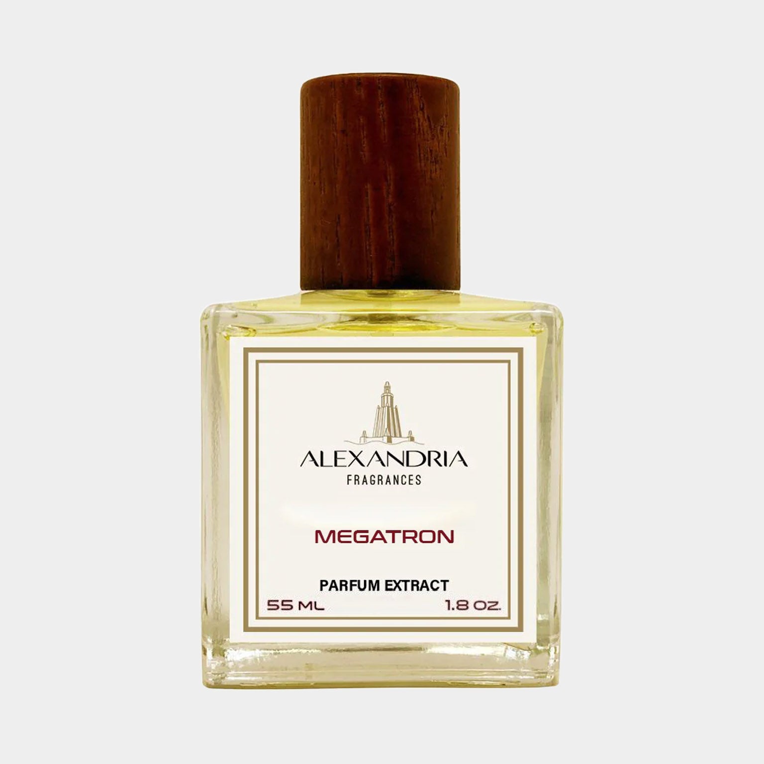 Full bottle of Alexandria Fragrances Megatron, a parfum extract in a 55 ml glass bottle with a wooden cap.