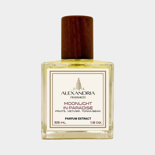 Sample van Alexandria Fragrances Moonlight in Paradise, een parfumextract van 55 ml met tonen van fruit, vetiver en tonkaboon.