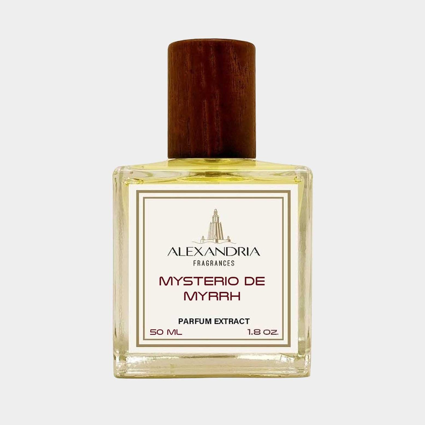 Sample van Alexandria Fragrances Mysterio de Myrrh, een parfumextract van 50 ml in een stijlvolle fles met een houten dop.