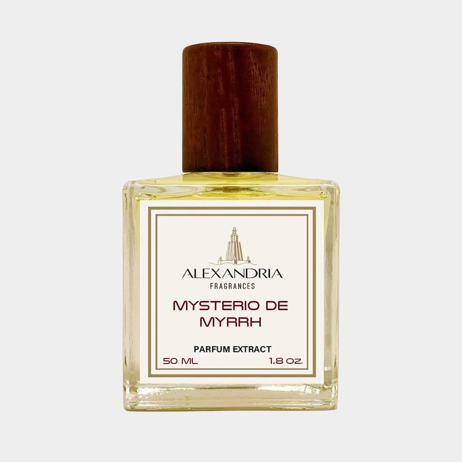 Sample van Alexandria Fragrances Mysterio de Myrrh, een parfumextract van 50 ml in een stijlvolle fles met een houten dop.