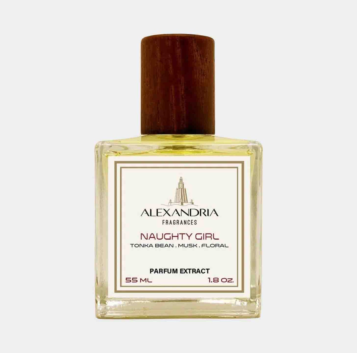 Sampleflesje van Alexandria Fragrances Naughty Girl, een parfum extract van 55 ml met tonen van tonkaboon, musk en bloemige geur.