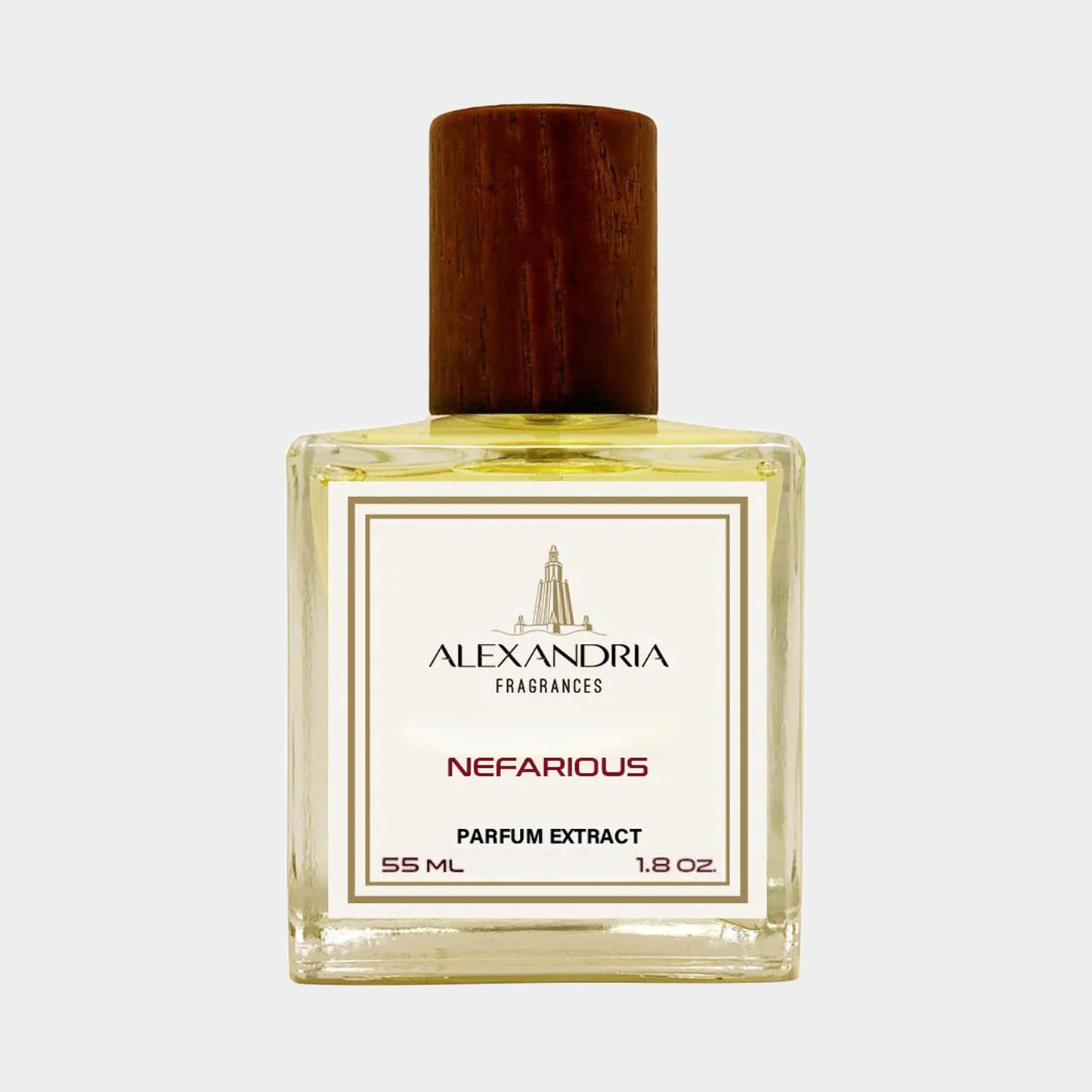 Een flesje van de Alexandria Fragrances Nefarious, een parfumextract van 55 ml met een houten dop, dat elegantie en verfijning uitstraalt.