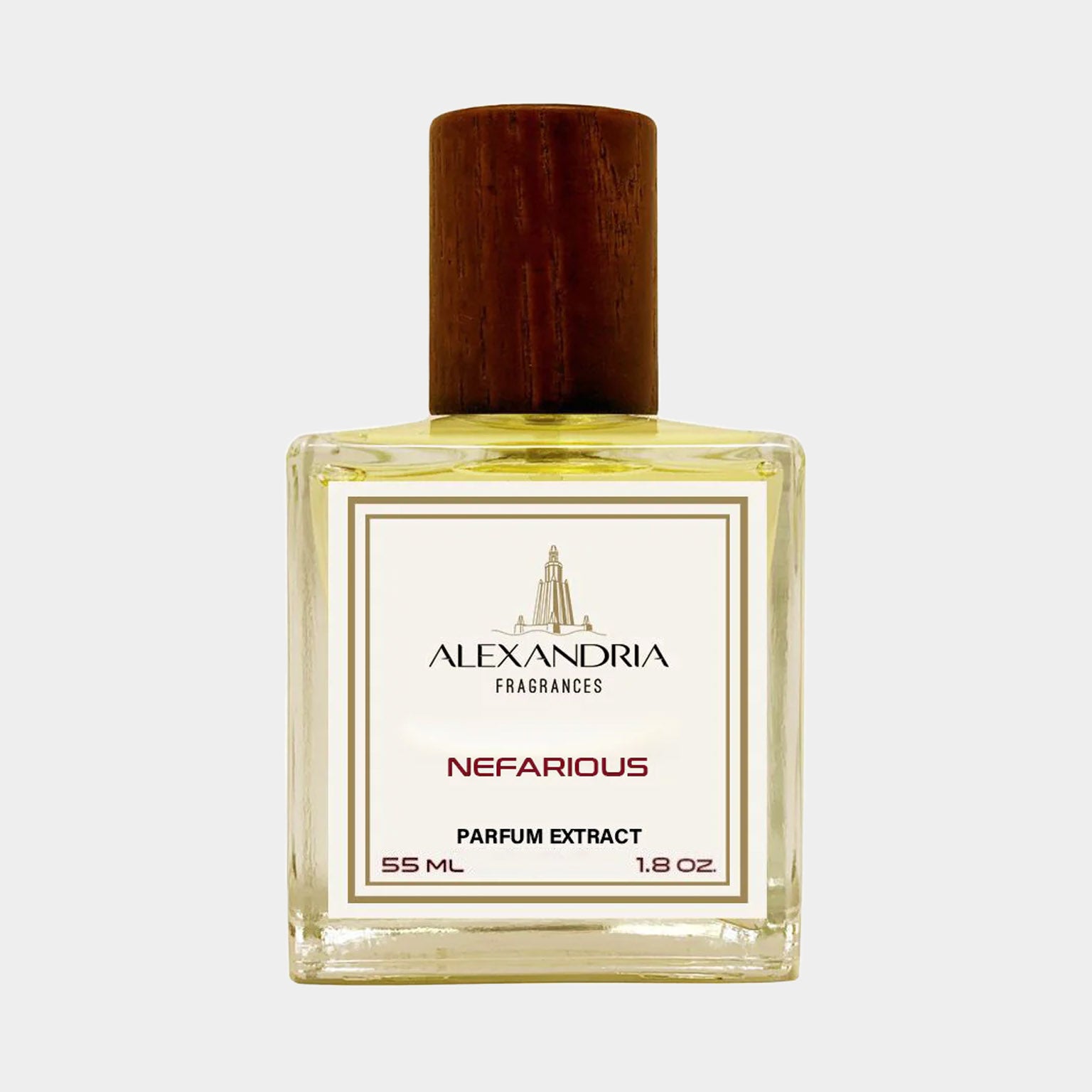 Een flesje van de Alexandria Fragrances Nefarious, een parfumextract van 55 ml met een houten dop, dat elegantie en verfijning uitstraalt.