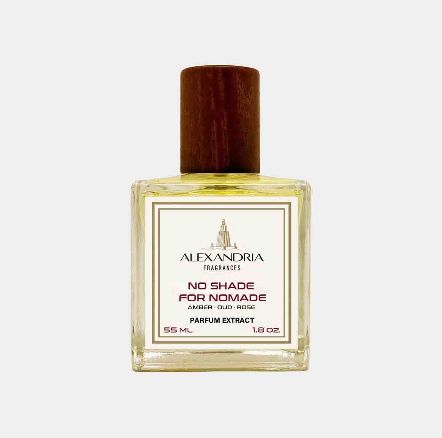 Sampleflesje van Alexandria Fragrances No Shade for Nomade, met een geurcombinatie van amber, Oudh en roos, in een stijlvolle verpakking van 55 ml.