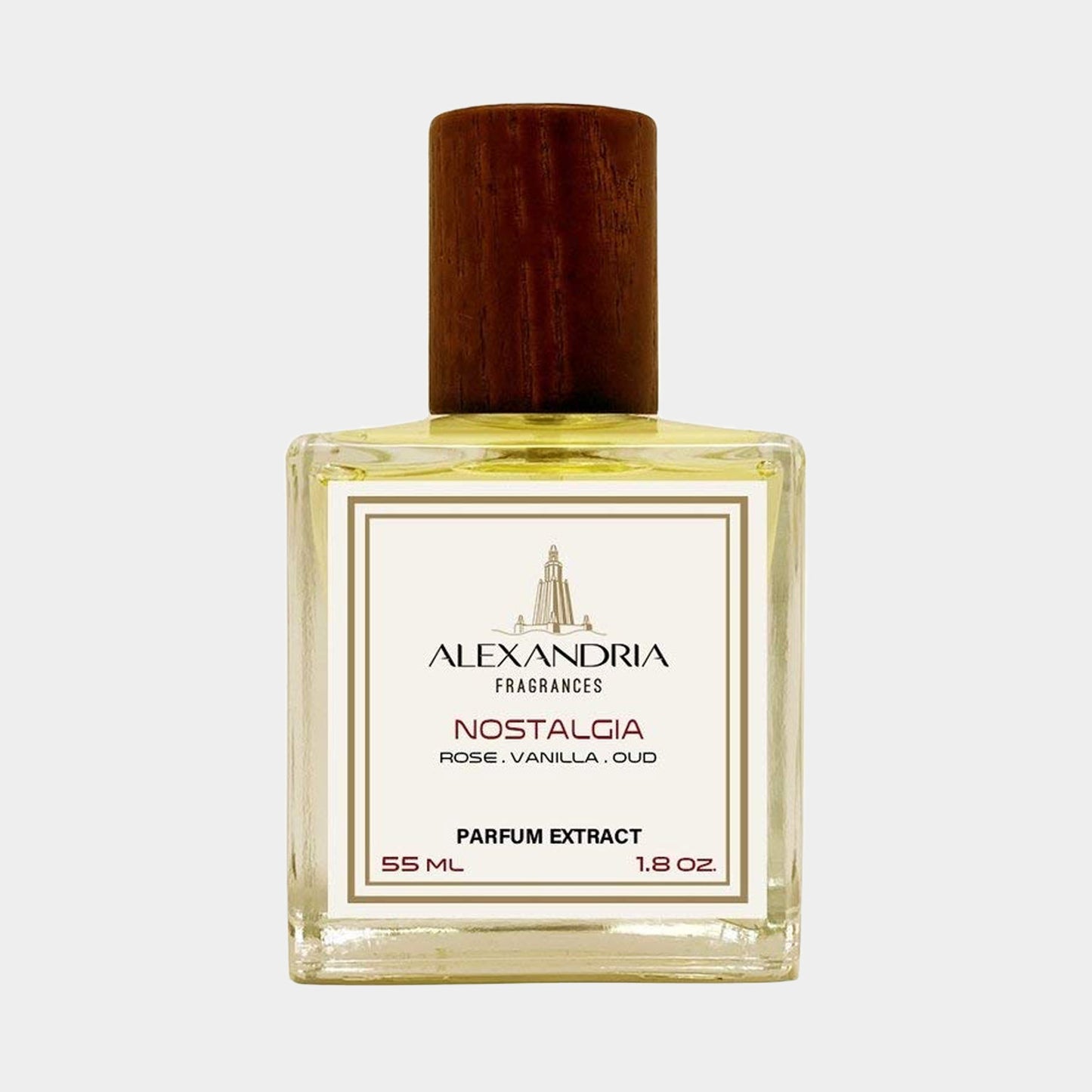 Flesje van de Alexandria Fragrances Nostalgia Sample, een parfumextract van 55 ml met tonen van roos, vanille en oudh.