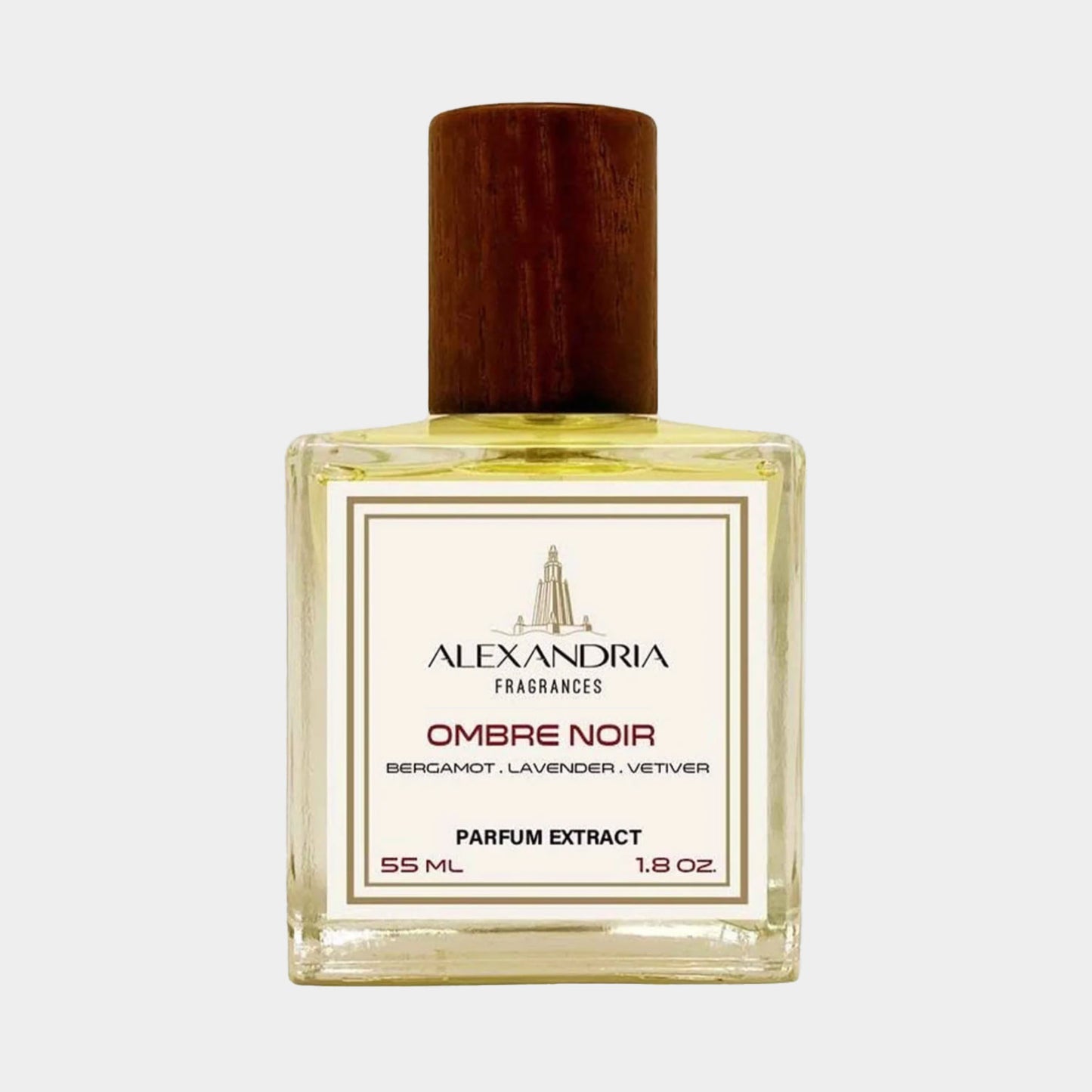 Sample van Alexandria Fragrances Ombre Noir, een parfumextract van 55 ml met tonen van bergamot, lavendel en vetiver, verpakt in een elegante fles met houten dop.