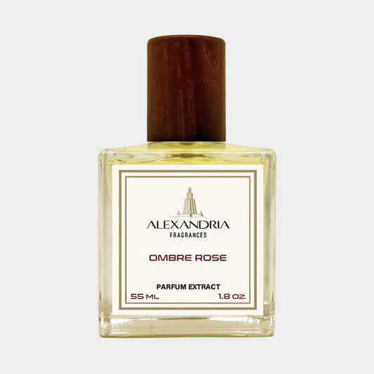 Sample van de Alexandria Fragrances Ombre Rose, een parfumextract in een glazen fles van 55 ml met een houten dop.