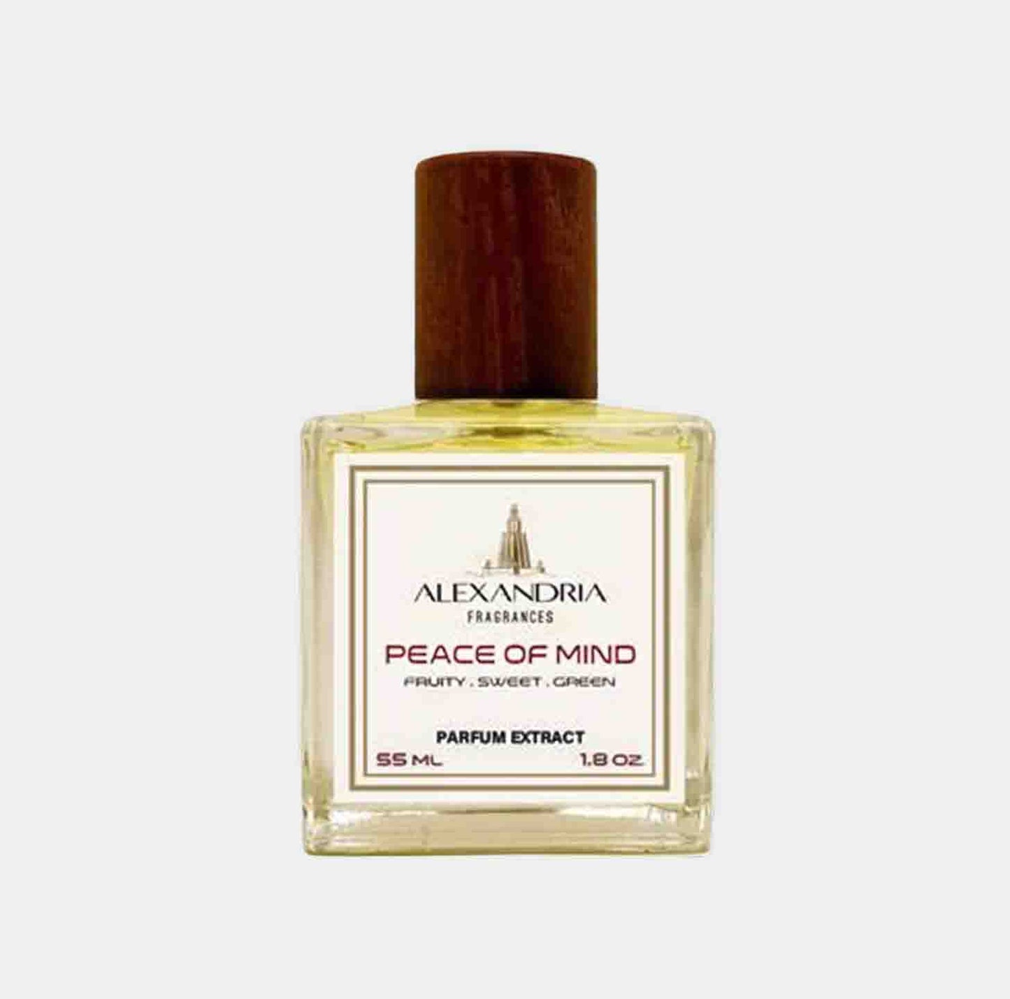 Sample van Alexandria Fragrances Peace of Mind, een geurextract van 55 ml met een fruitige, zoete en groene geurprofiel.