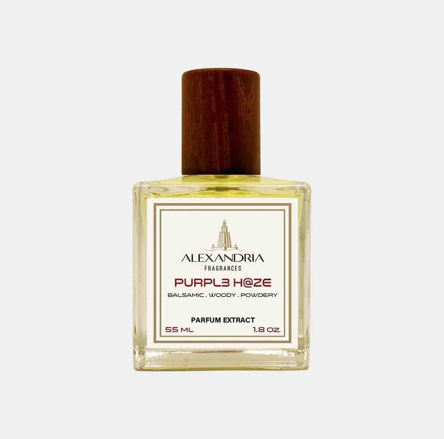 Sampleflacon van Alexandria Fragrances Purple Haze, een parfumextract van 55 ml met een balsamische, houten en poederachtige geur.