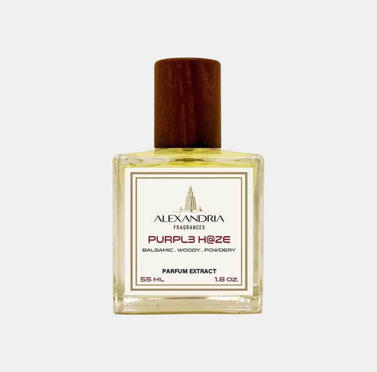 Sampleflacon van Alexandria Fragrances Purple Haze, een parfumextract van 55 ml met een balsamische, houten en poederachtige geur.