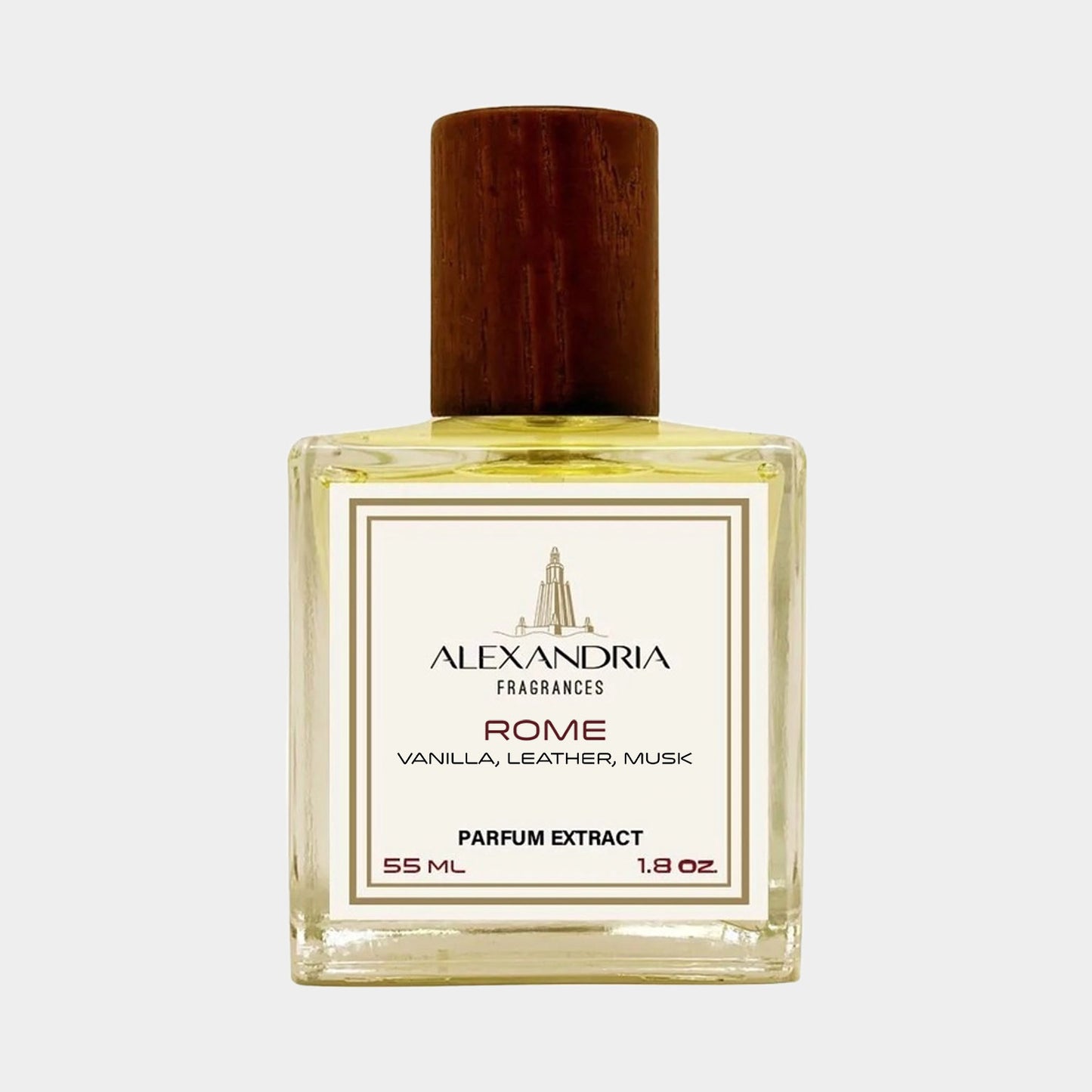 Voorbeeld van Alexandria Fragrances Rome, een parfumextract van 55 ml met tonen van vanille, leer en muskus, verpakt in een elegant glazen flesje met een houten dop.