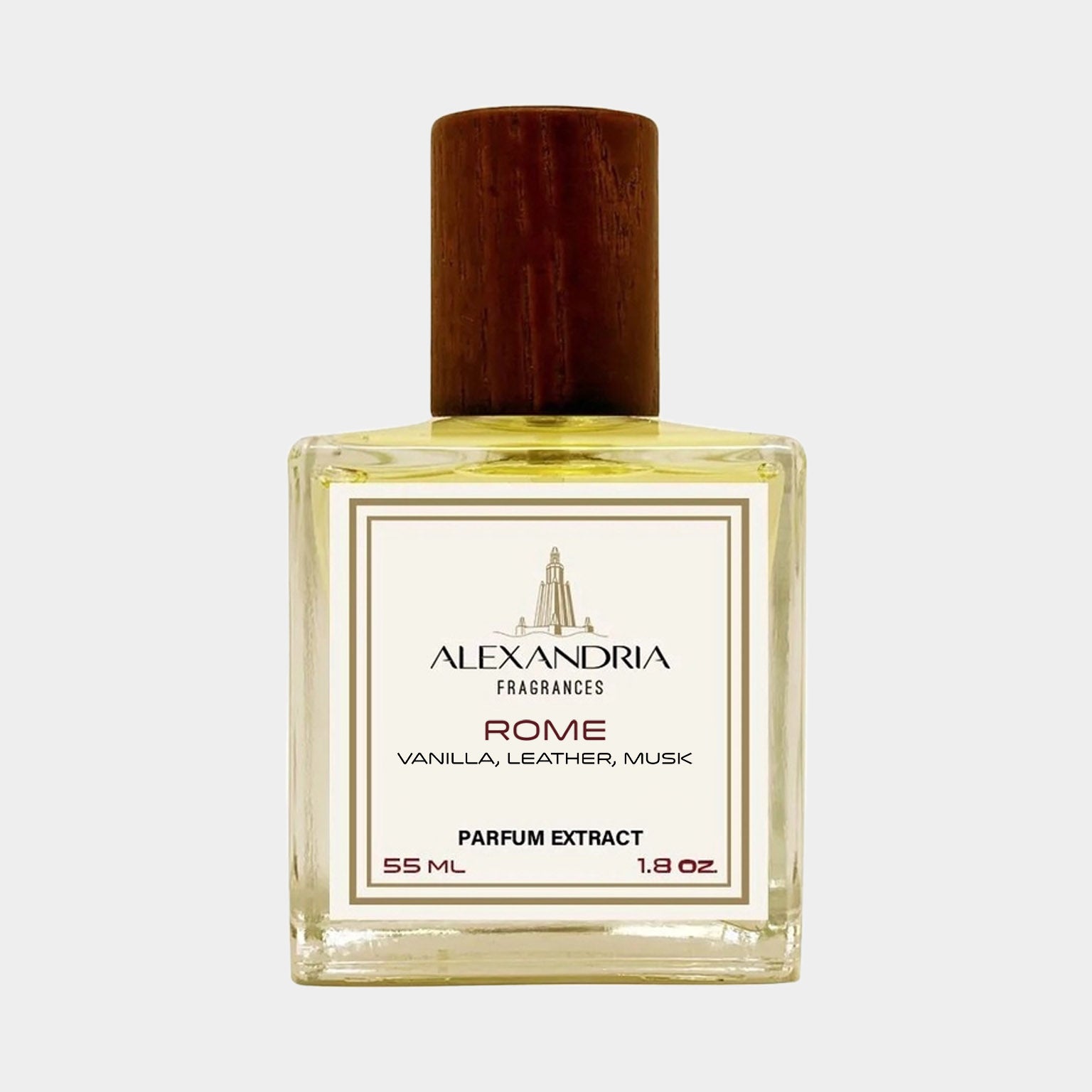 Voorbeeld van Alexandria Fragrances Rome, een parfumextract van 55 ml met tonen van vanille, leer en muskus, verpakt in een elegant glazen flesje met een houten dop.