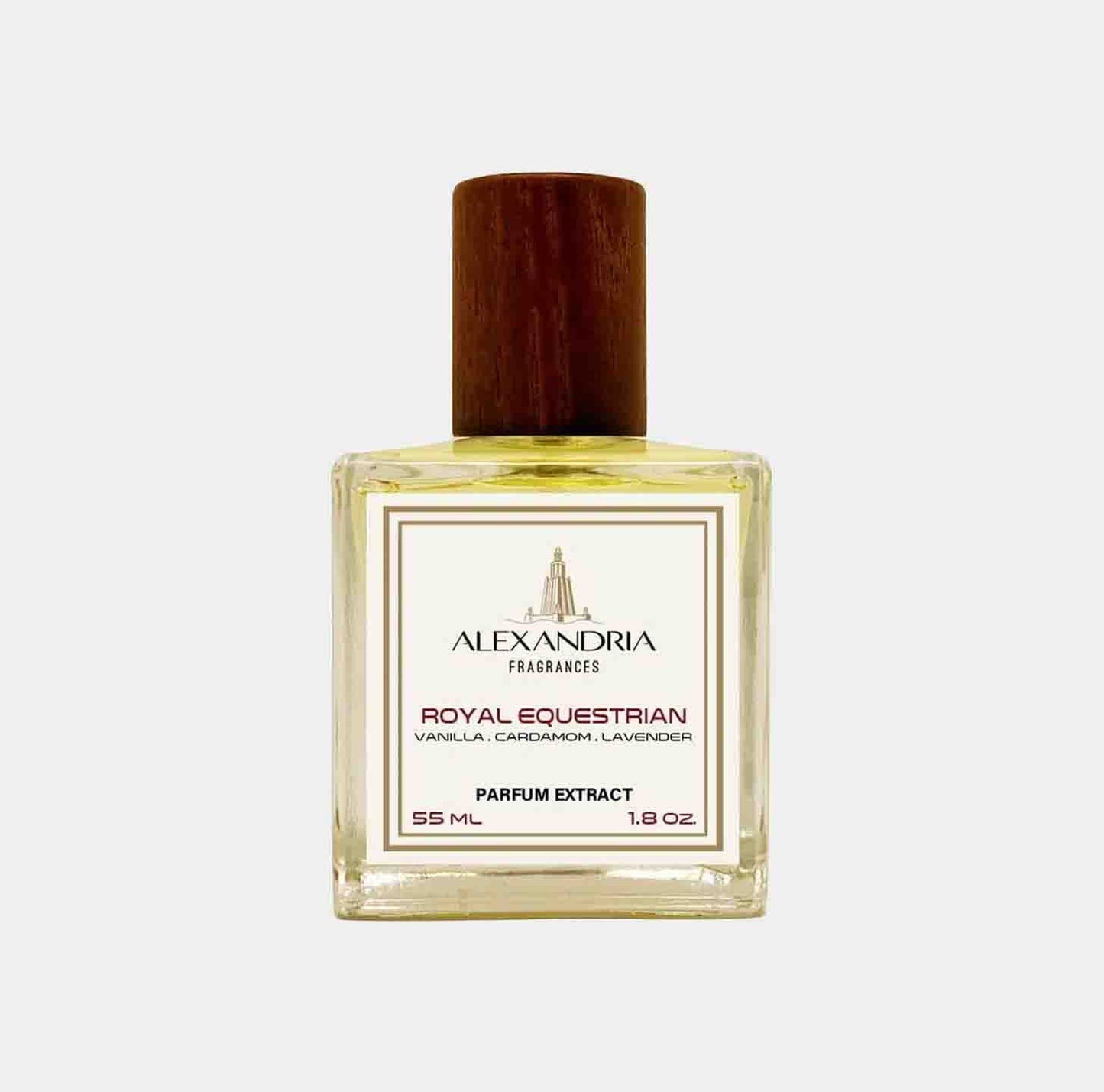 Een volledige fles van Alexandria Fragrances Royal Equestrian, een parfumextract van 55 ml met tonen van vanille, kardemom en lavendel.