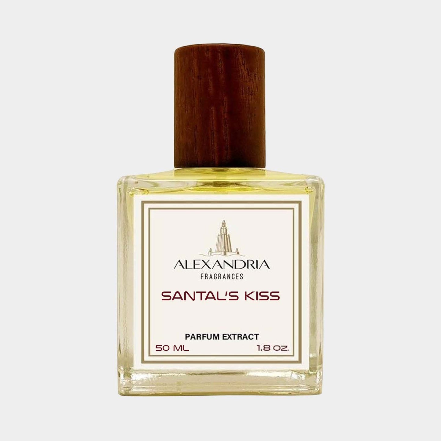 Sampleflesje van Alexandria Fragrances Santals Kiss, met een inhoud van 50 ml parfumextract. De fles heeft een stijlvolle houten dop en een elegant ontwerp.