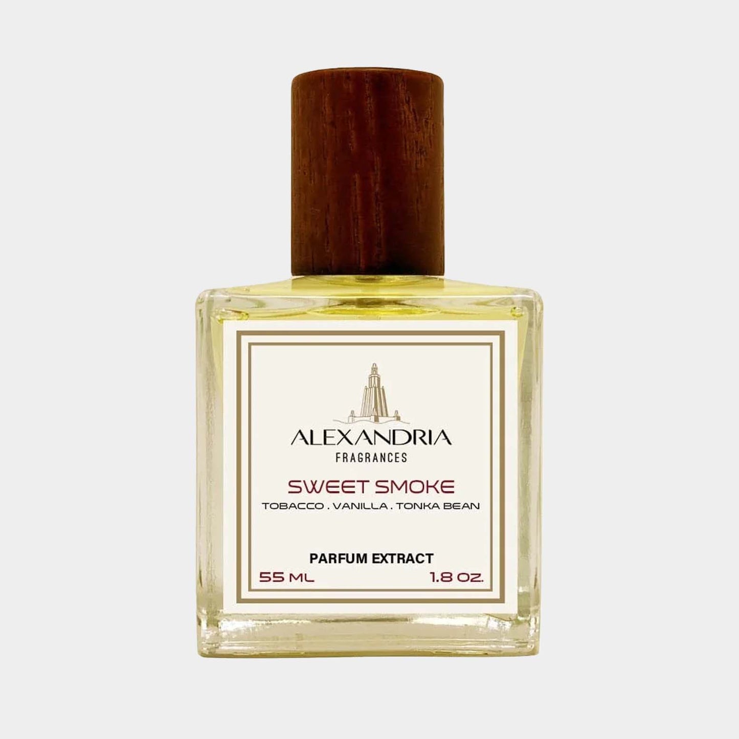 Flesje met het parfum Sweet Smoke van Alexandria Fragrances, een geur met tonen van tabak, vanille en tonkaboon, 55 ml.