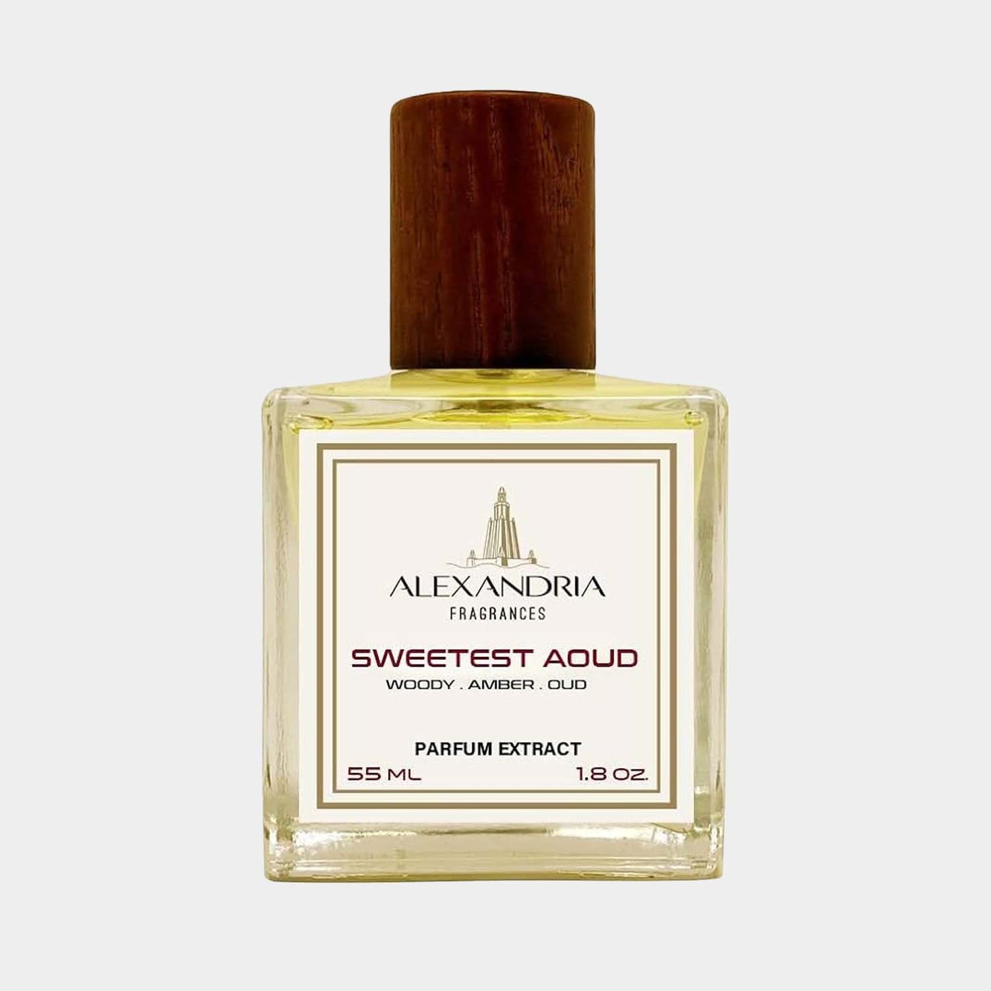 Sample van Alexandria Fragrances Sweetest Aoud met een geurprofiel van hout, amber en ooud. Verpakking van 55 ml parfuumextract.