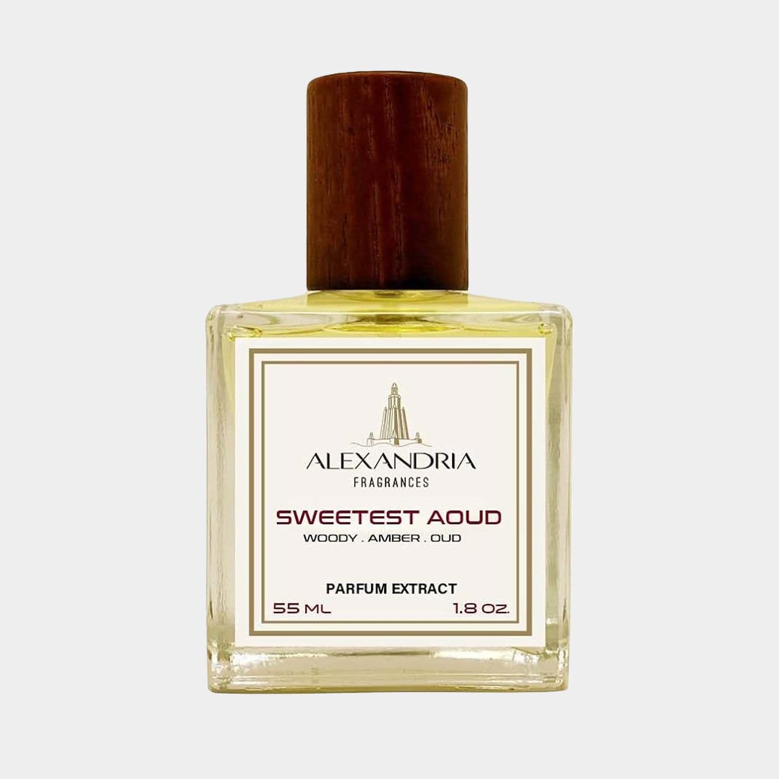 Volledige fles van Alexandria Fragrances Sweetest Aoud, een parfumextract van 55 ml met een geurcombinatie van houtachtige noten, amber en ooud.