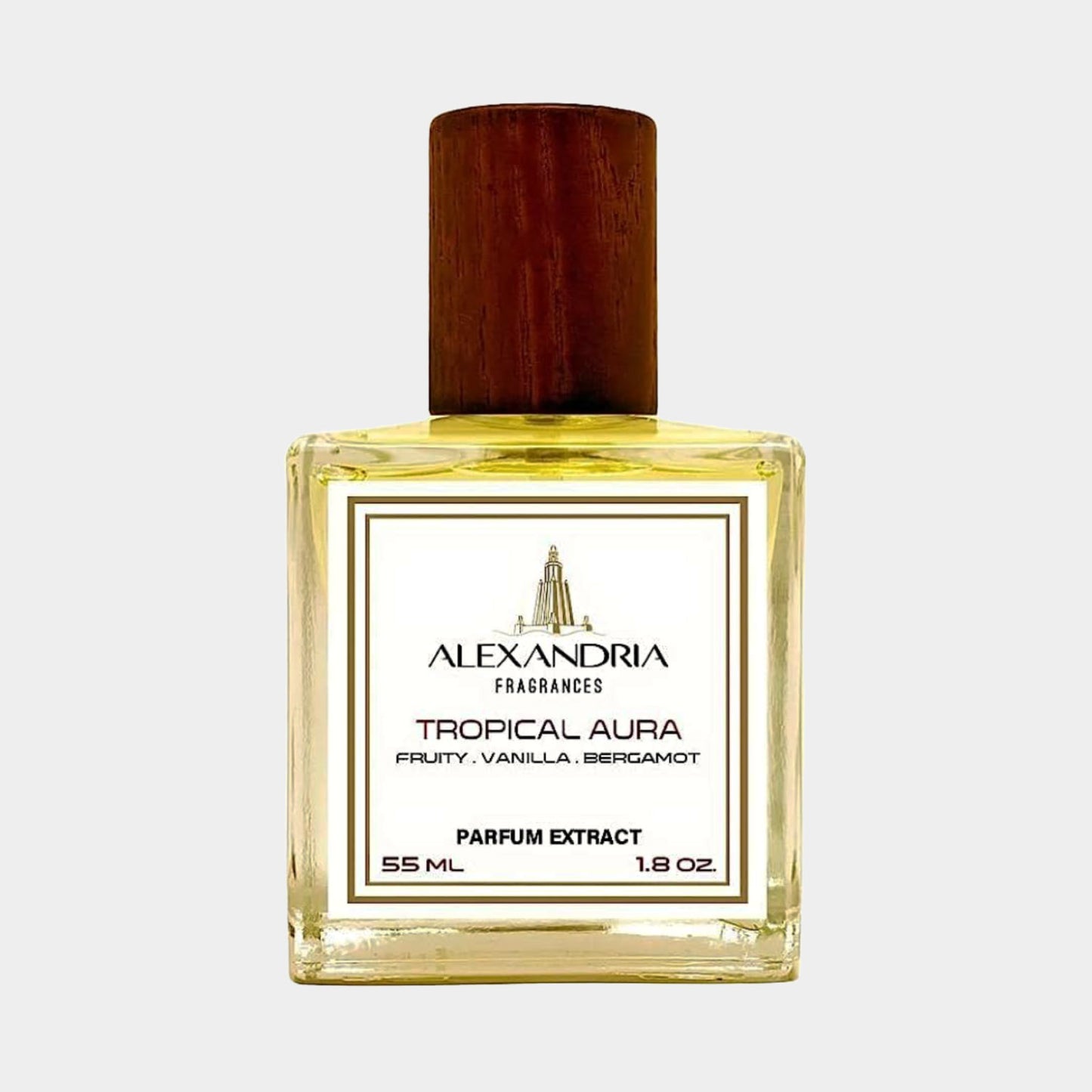 Sample van Alexandria Fragrances Tropical Aura, een parfumextract met frisse tonen van fruit, vanille en bergamot in een glazen fles van 55 ml.