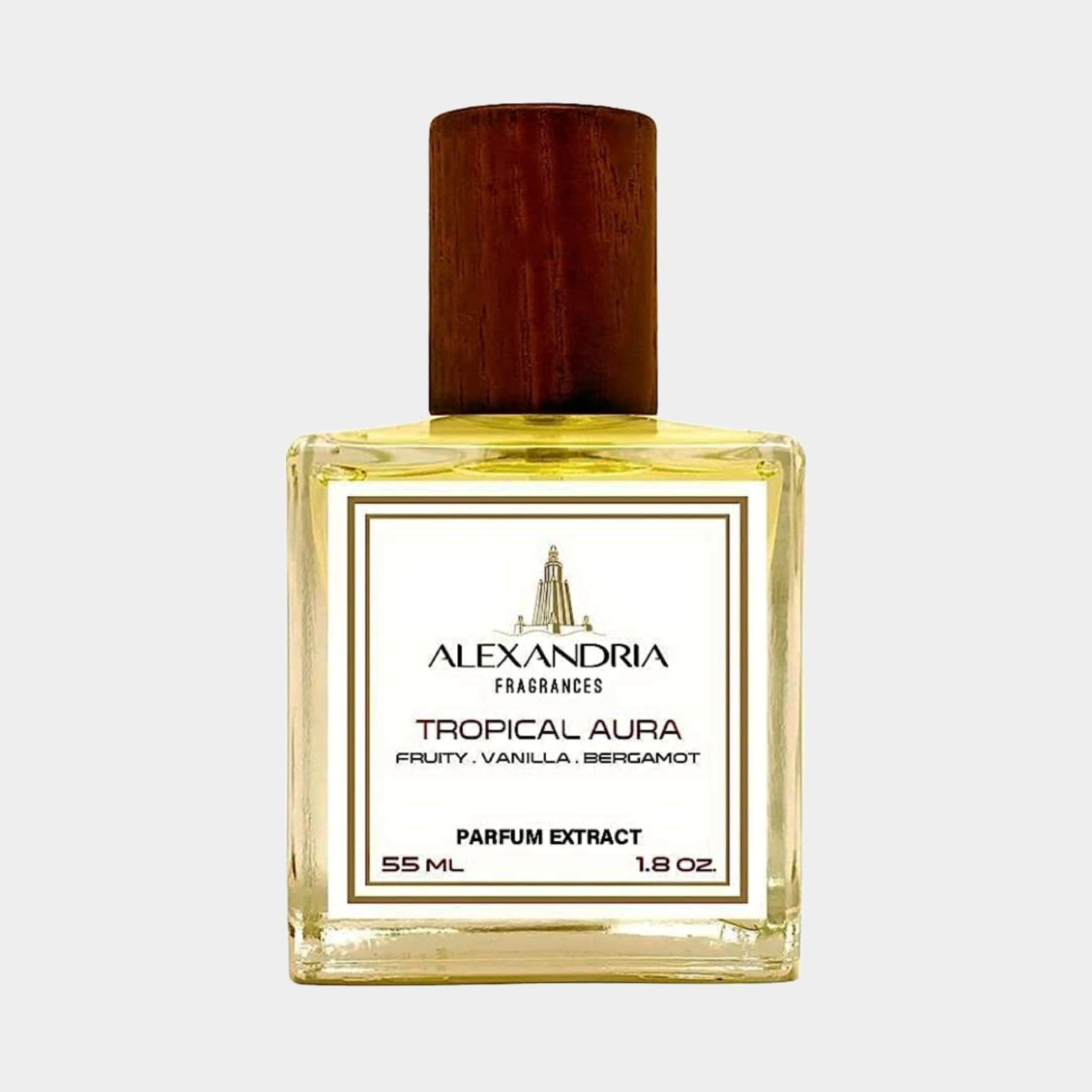 Sample van Alexandria Fragrances Tropical Aura, een parfumextract met frisse tonen van fruit, vanille en bergamot in een glazen fles van 55 ml.
