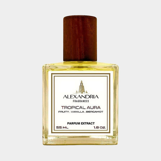 Sample van Alexandria Fragrances Tropical Aura, een parfumextract met frisse tonen van fruit, vanille en bergamot in een glazen fles van 55 ml.