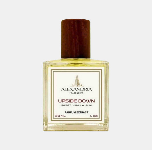 Sample van Upside Down van Alexandria Fragrances, een parfumextract met zoete tonen van vanille en rum, gepresenteerd in een fles van 30 ml.