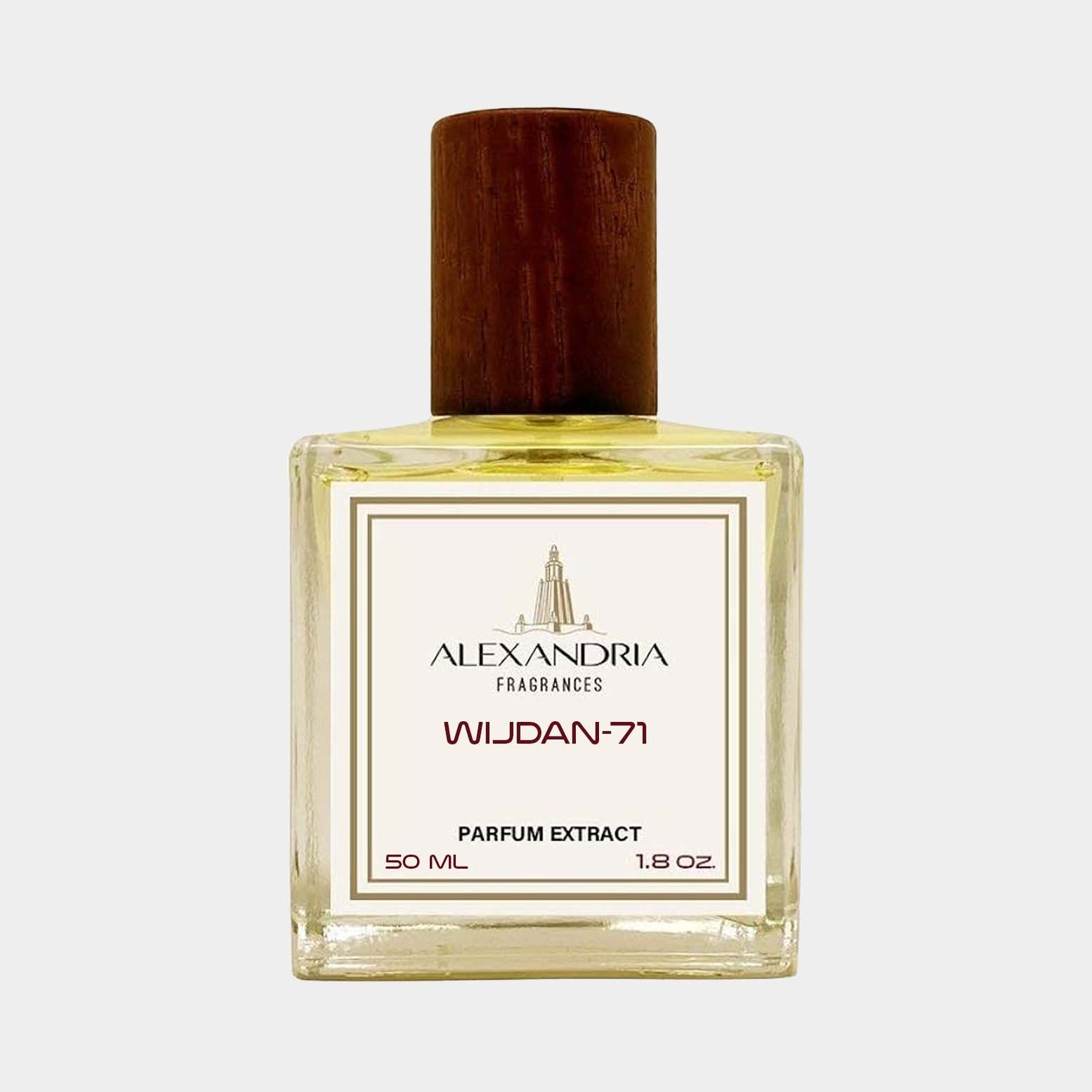 Sample van Alexandria Fragrances Wijdan-71, een parfumextract verpakt in een elegant glazen flesje van 50 ml met een houten dop.