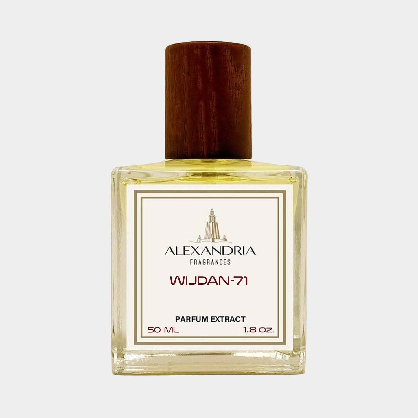 Alexandria Fragrances Wijdan-71 vol glazen parfumfles van 50 ml, met een houten dop en een elegante labelontwerp.