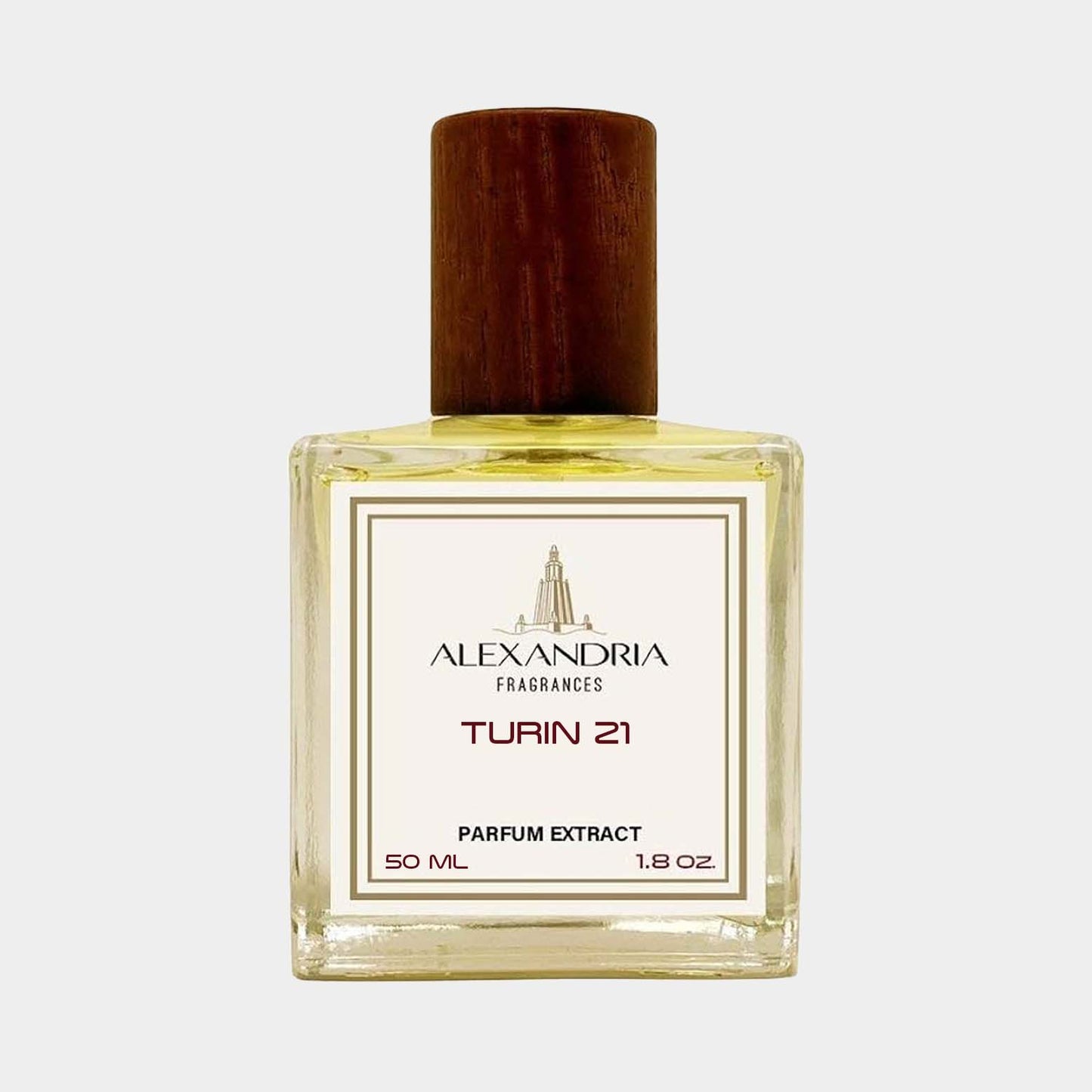 Sampleflesje van Alexandria Fragrances Turin 21, een parfumextract van 50 ml met een houten dop.