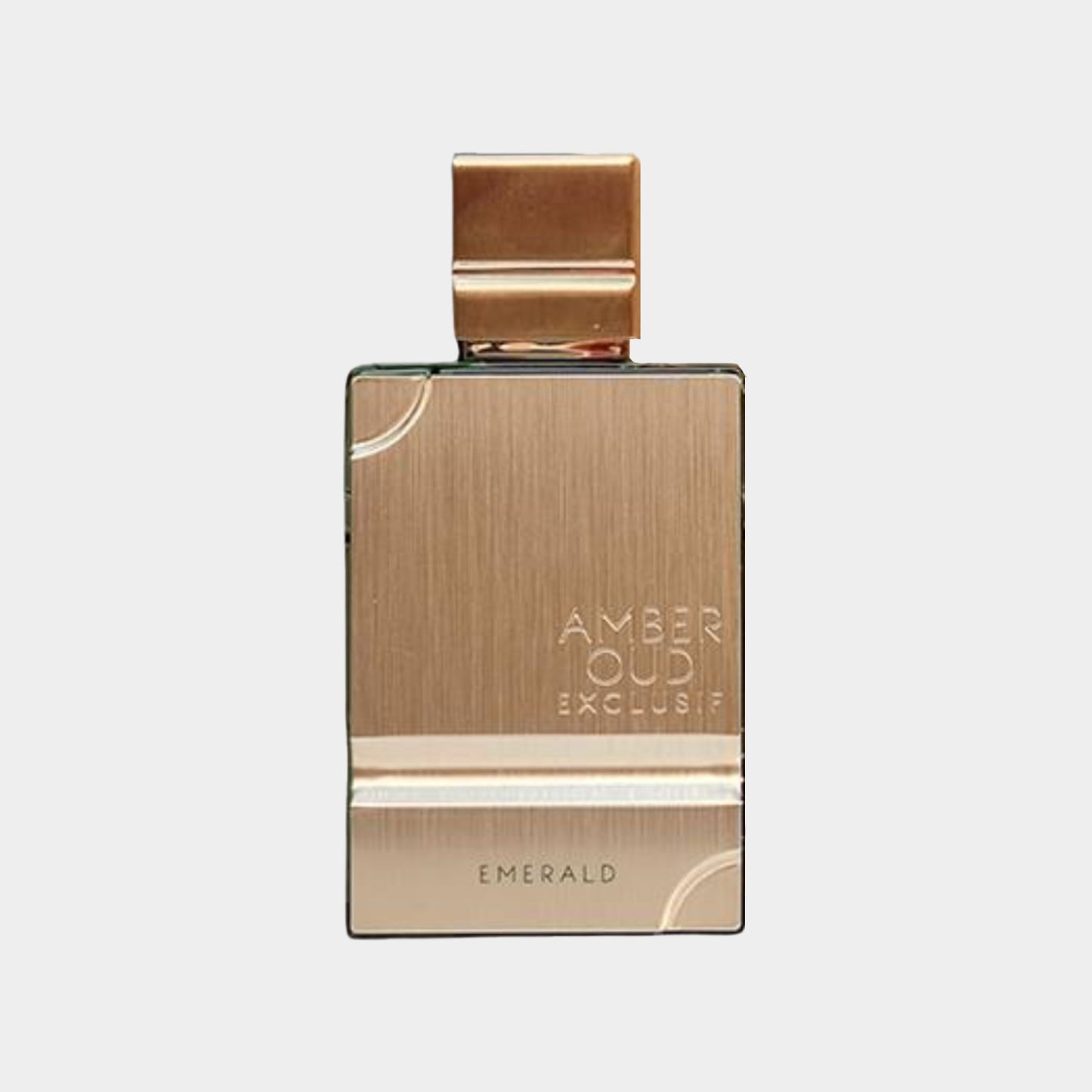 Monsterflesje van Amber Oud Exclusif Emerald Cologne, met een elegant gouden ontwerp en de tekst Amber Oud Exclusif en Emerald op de voorkant.