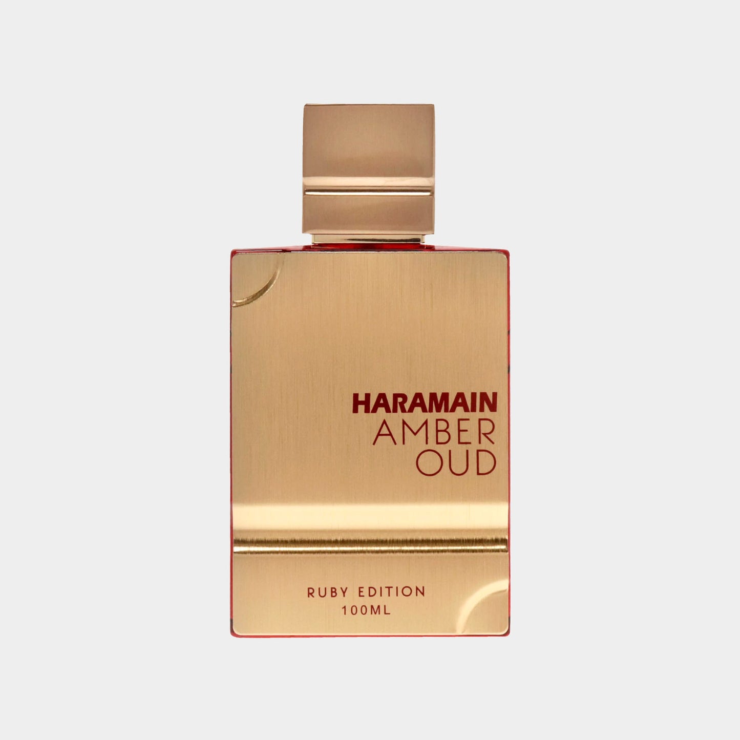 Flacon van Al Haramain Amber Oud Ruby Edition, een luxe parfum van 100 ml met een gouden ontwerp en elegante afwerking.