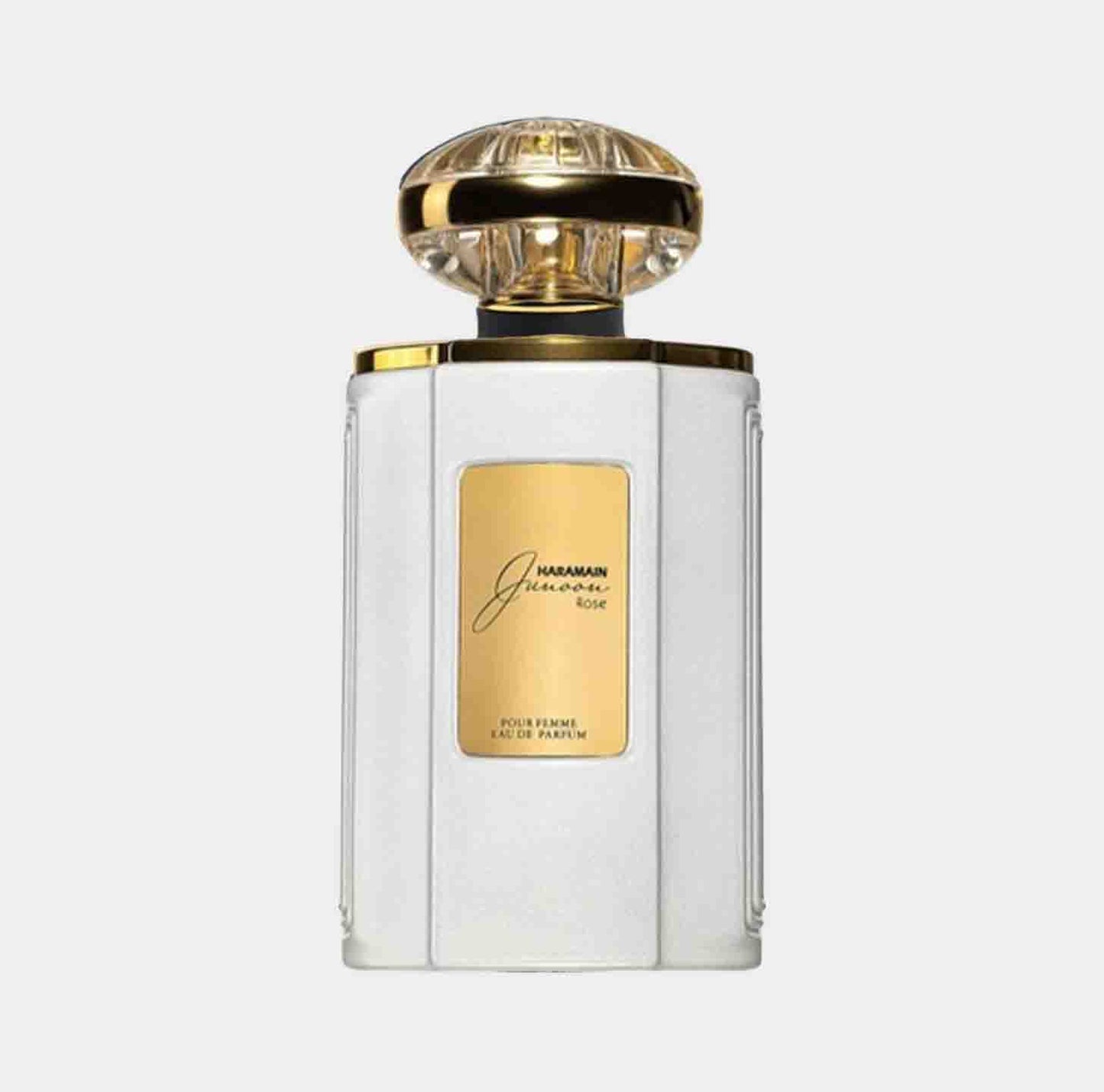 Al Haramain Junoon Rose Sample, een elegant parfumflacon met een luxe ontwerp en gouden accenten, perfect voor fijnproevers van unieke geuren.
