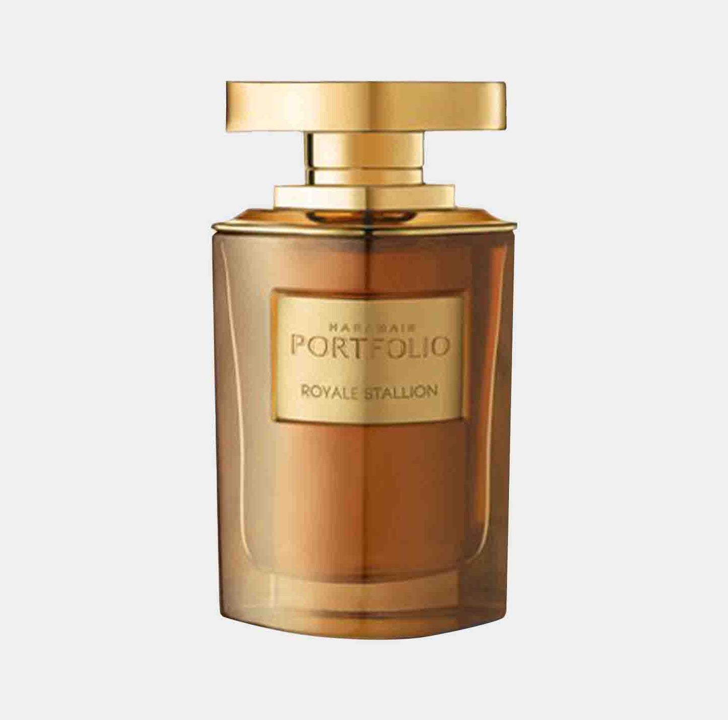 Een flesje Al Haramain Portfolio Royale Stallion Sample, met een elegante gouden dop en een luxe amberkleurige uitstraling.