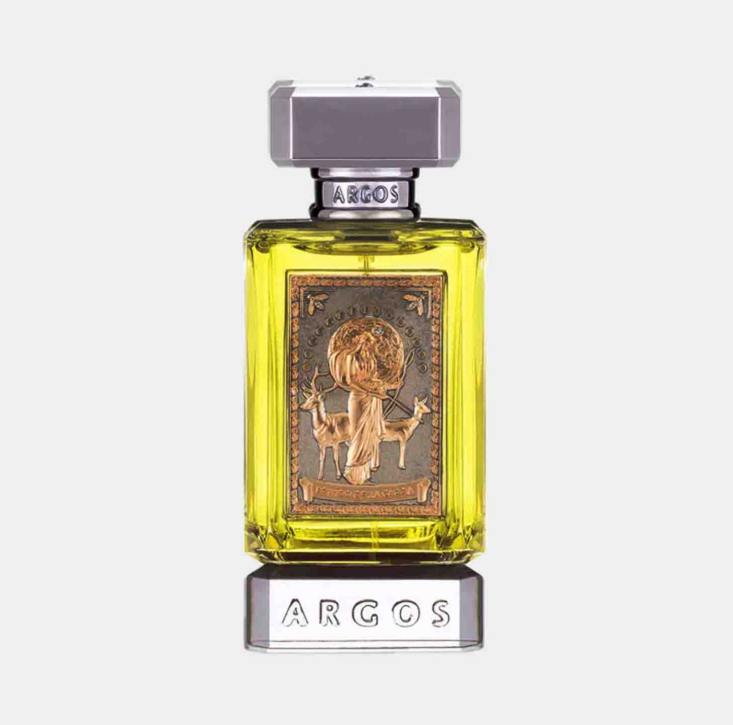 Argos Bacio Immortale Sample: een luxe parfumflacon met een opvallende gele kleur en een artistiek ontwerp, perfect voor een verfijnde geurervaring.