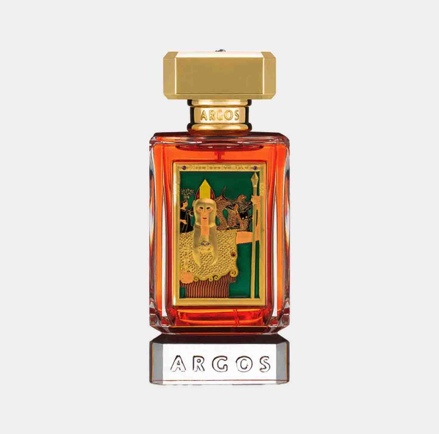 Argos Pallas Athene Sample, een luxe parfum met een opvallend glazen fles en een kunstzinnig label dat de godin Athena afbeeldt.