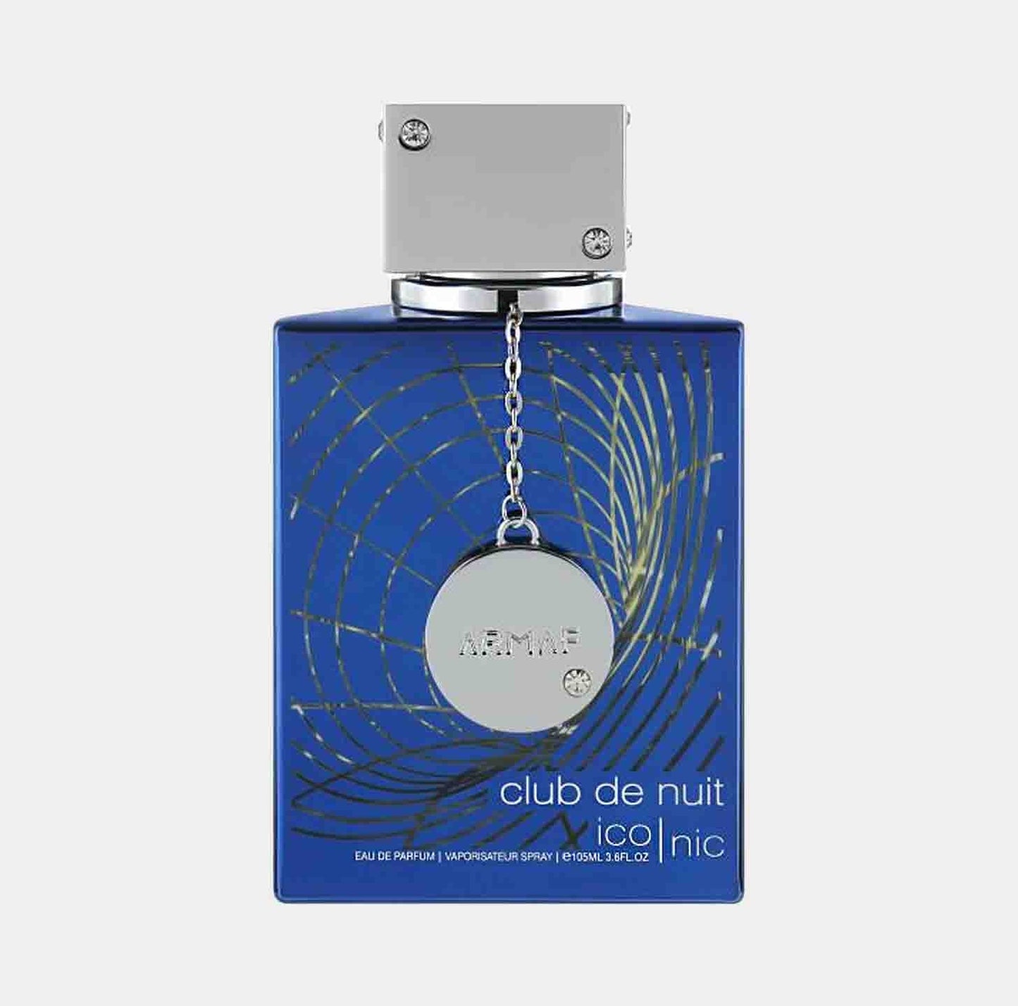 Full bottle van Armaf Club de Nuit Bleu Iconic, een elegant blauw parfumflacon met een zilveren dop en een opvallende ketting.