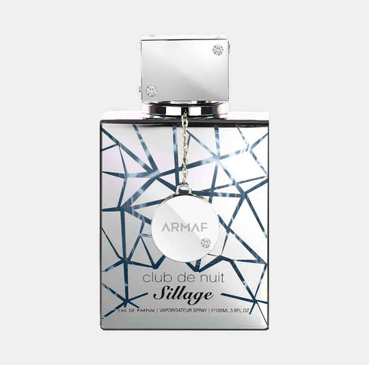 Armaf Club de Nuit Sillage Sample, een elegante parfumflacon met een glinsterende, gespiegelde afwerking en een opvallende sluiting.