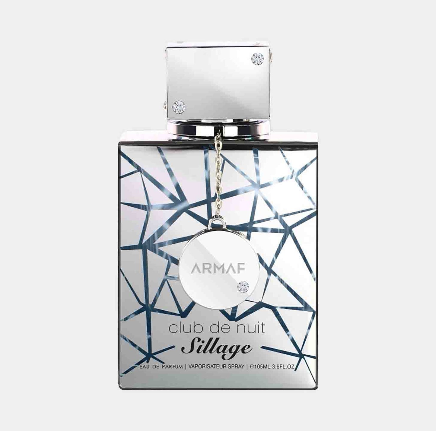 Volledige fles Armaf Club de Nuit Sillage, een elegant parfum met een glazen flacon versierd met spiegelachtige facetten en een opvallende zilveren dop.