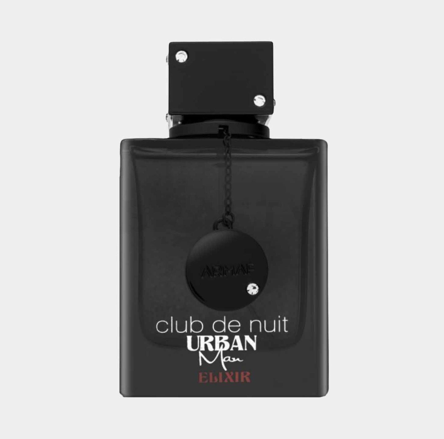 Voorbeeldflesje Armaf Club De Nuit Urban Elixir, met een strak ontwerp en een zwarte kleur. De fles heeft een opvallende dop en een stijlvolle label.